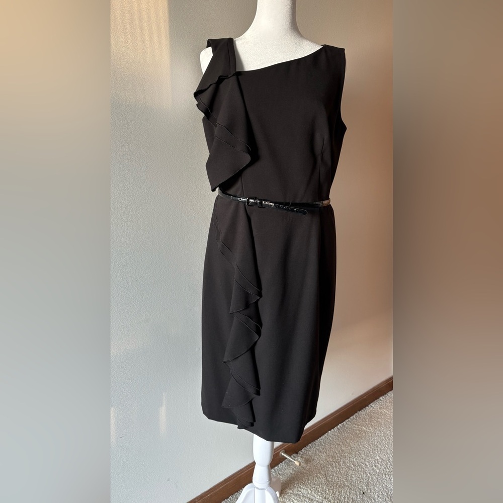 Calvin Klein Black Asymmetrical Ruffle Sleeveless Sheath Cocktail Dress Sz8